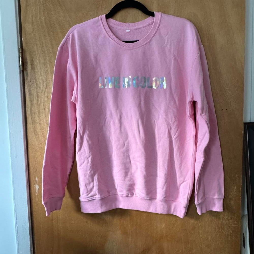 IGK Color Pink Holographic Live In Color Crewneck Sweatshirt Iridescent L SS
